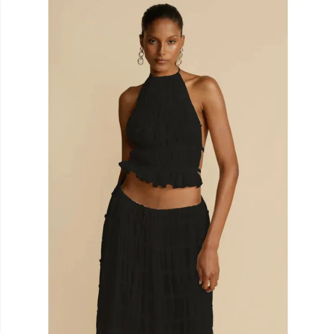 Lorea 2-Piece Backless Halter Top & Pleated Dress