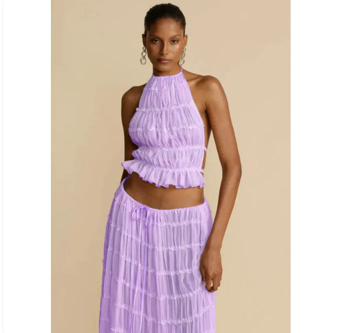 Lorea 2-Piece Backless Halter Top & Pleated Dress