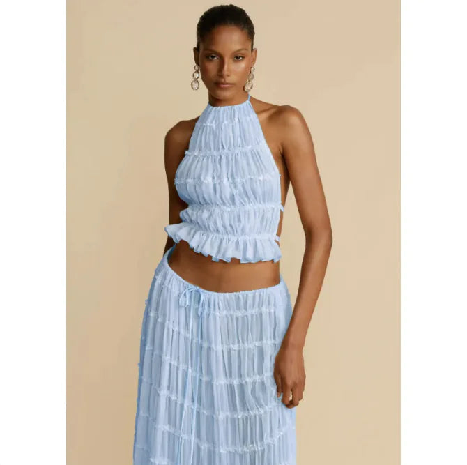 Lorea 2-Piece Backless Halter Top & Pleated Dress